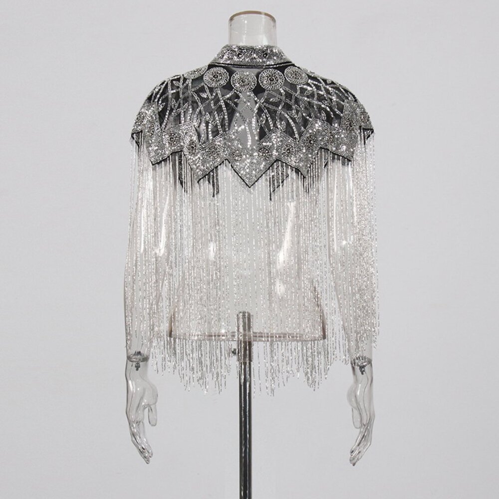 Glamorous Hand-Beaded Capelet - Sparkling Fringe Shawl Overlay - Picture 5 of 12